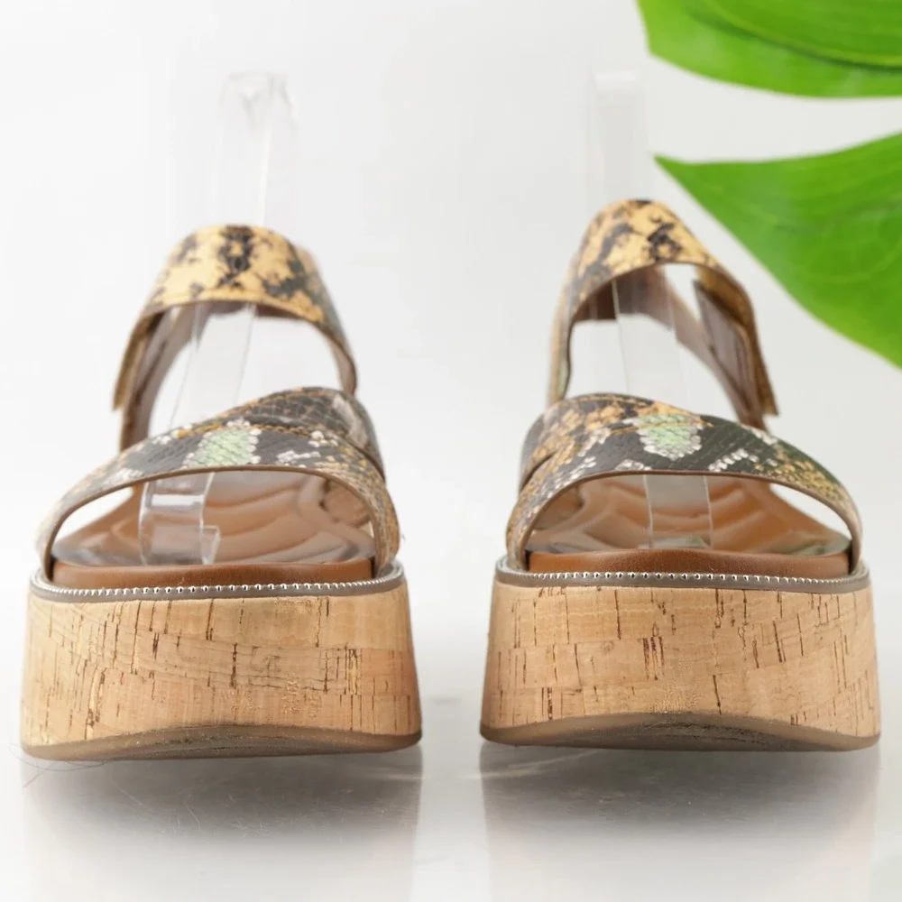 Franco Sarto Womens Ozio Sandals Size 8.5 Brown Snake Cork Wedge Platform Shoes